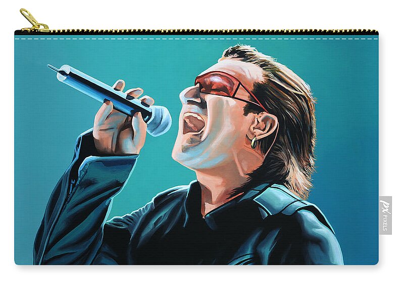 U2 Zip Pouch featuring the painting Bono of U2 Painting by Paul Meijering