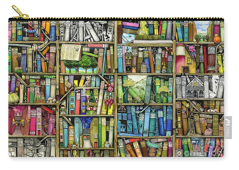 Colin Thompson Zip Pouch featuring the digital art Bookshelf by MGL Meiklejohn Graphics Licensing