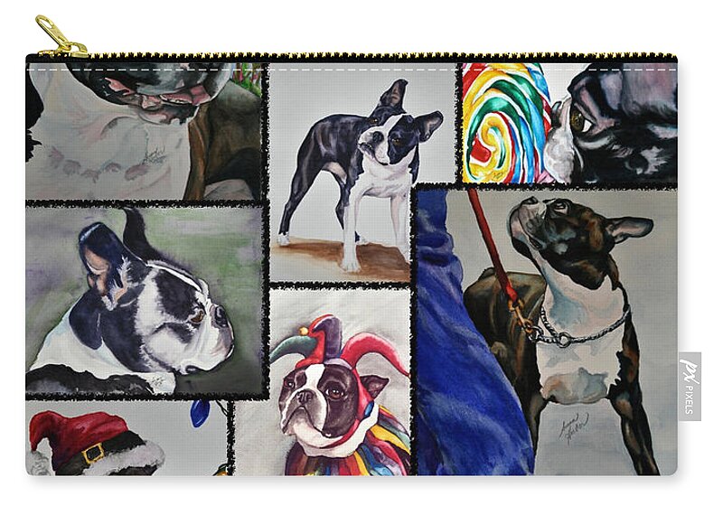 Animal Zip Pouch featuring the painting Boston Terrier Watercolor Collage by Susan Herber
