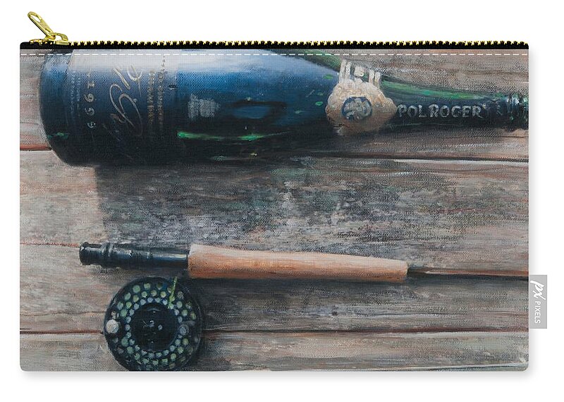 Bottle; Bottles; Champagne; Champagne Bottle; Rod; Fishing; Fishing Rod; Celebration; Planks Zip Pouch featuring the painting Bottle and Rod I by Lincoln Seligman