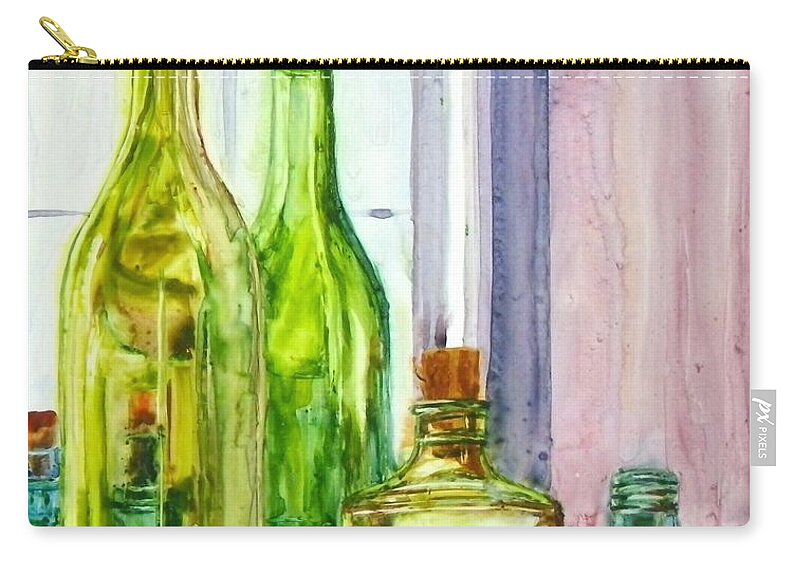 Bottle Zip Pouch featuring the painting Bottles - Shades of Green by Anna Ruzsan