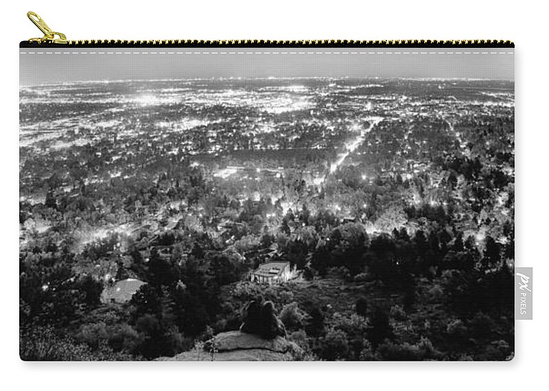 Cityscape Zip Pouch featuring the photograph Boulder Colorado City Lights Panorama Black and White by James BO Insogna