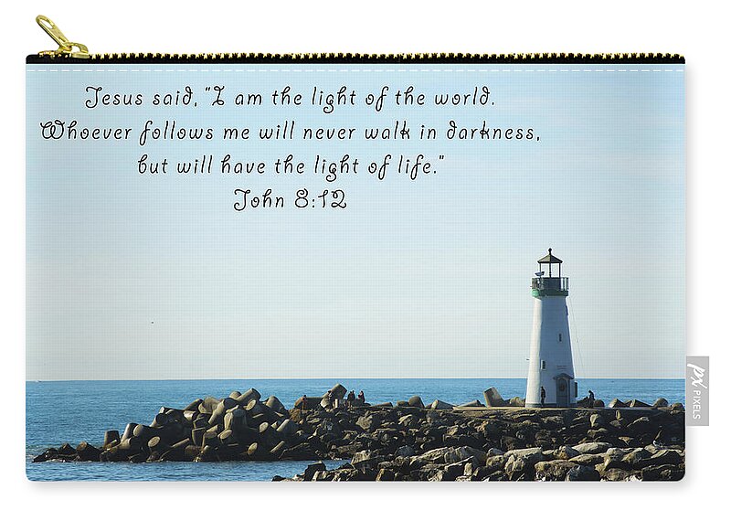 Barbara Snyder Zip Pouch featuring the digital art Breakwater Lighthouse Santa Cruz With Verse by Barbara Snyder