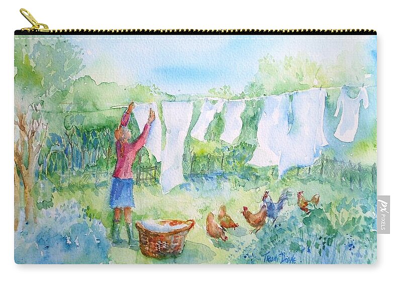 White Linen Zip Pouch featuring the painting Breezy Day -Great drying out by Trudi Doyle