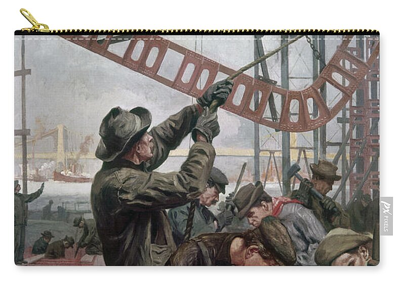 1909 Zip Pouch featuring the painting Bridge Construction 1909 by Granger