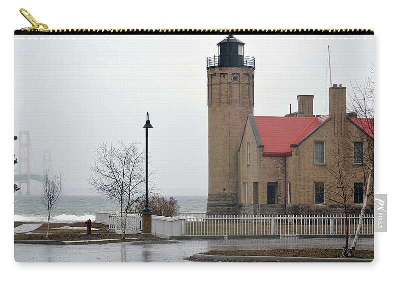 Mackinaw Point Lighthouse Zip Pouch featuring the photograph Bridge to the Left by Linda Kerkau