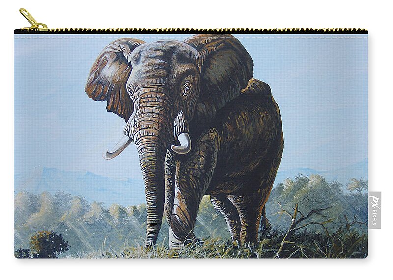 Lone Bull Zip Pouch featuring the painting Bright Morning by Anthony Mwangi