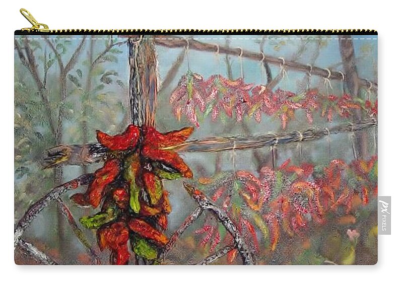Wheel Zip Pouch featuring the painting Broken Wheel and Chili by Sherry Strong