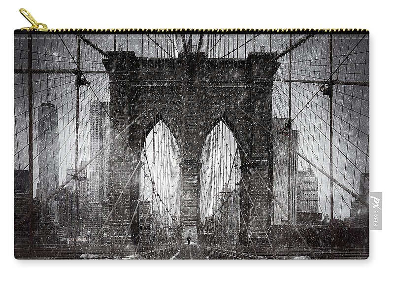 Brooklyn Zip Pouch featuring the photograph Brooklyn Bridge Snow Day by Chris Lord