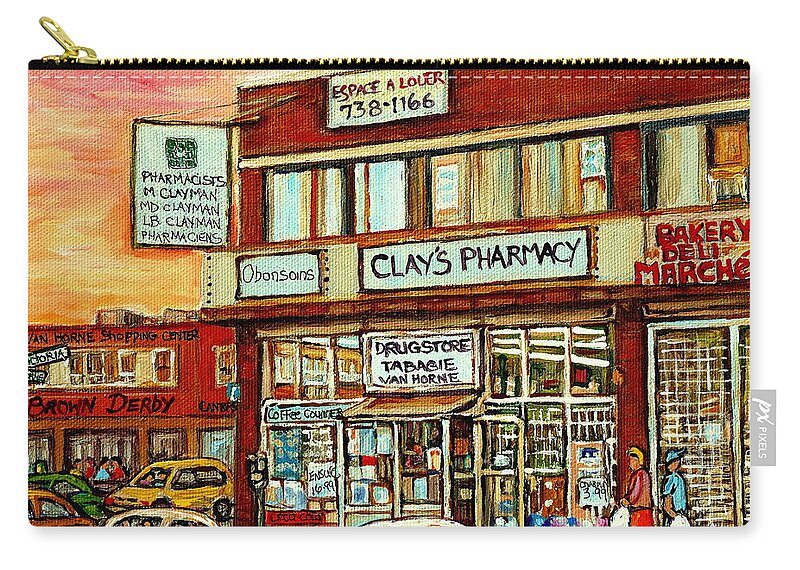 Montreal Zip Pouch featuring the painting Brown Derby Van Horne Shopping Center Clay's Pharmacy Montreal Paintings City Scenes Carole Spandau by Carole Spandau