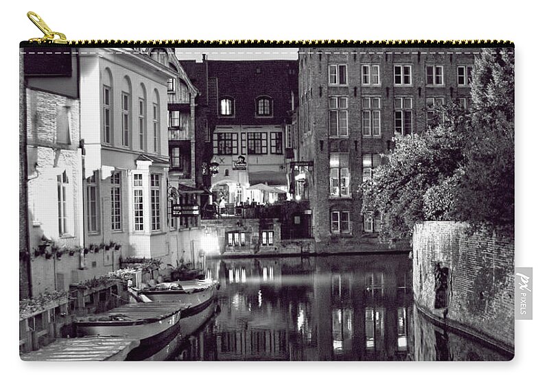 Bruges Canal In Black And White Zip Pouch featuring the photograph Bruges Canal in Black and White by Phyllis Taylor
