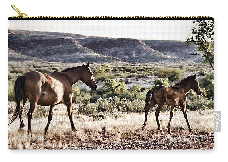 Brumbies Zip Pouch featuring the photograph Brumby with Foal V2 by Douglas Barnard
