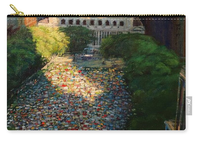 Landscape Zip Pouch featuring the painting Bryant Park - Movie Night - The Crowd Gathers by Peter Salwen
