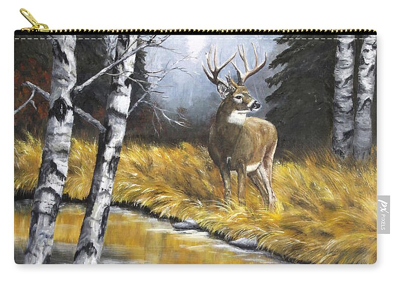 North American Wildlife Buck Zip Pouch featuring the painting Buck Reflection by Johanna Lerwick