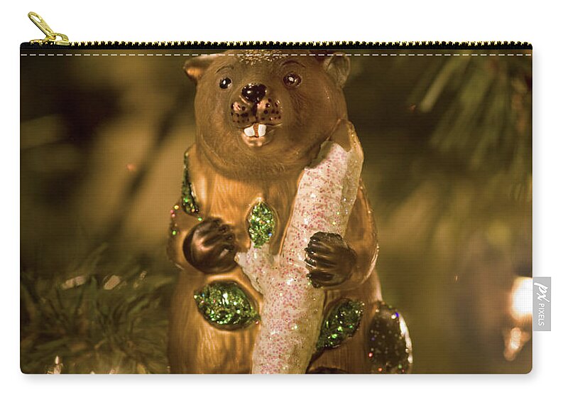 Christmas Ornament Zip Pouch featuring the photograph Bucky the Beaver at Christmas by Rich Franco