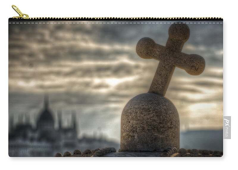 Travel; Landmark; Architecture; Hungary; Famous; Building; Scene; Budapest; City; Night; Hungarian; Cityscape; Capital; Monument; Europe; Danube;culture; Town; Urban; National; Palace; Buda; Dark; Sky; European; ; River; Bridge; Structure; International Zip Pouch featuring the digital art Buda cross by Nathan Wright