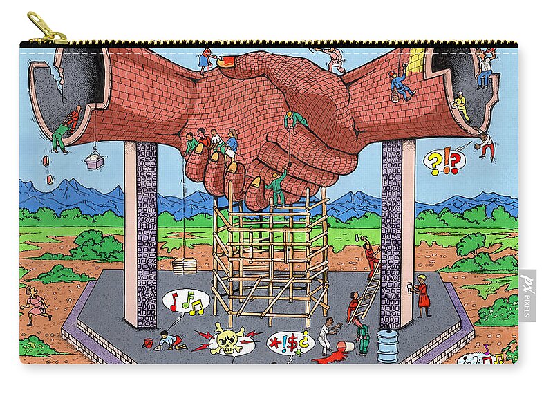 Hands Zip Pouch featuring the painting Building Partnership by Anthony Mwangi