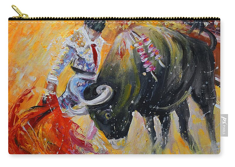 Animals Zip Pouch featuring the painting Bullfighting in Neon Light 02 by Miki De Goodaboom