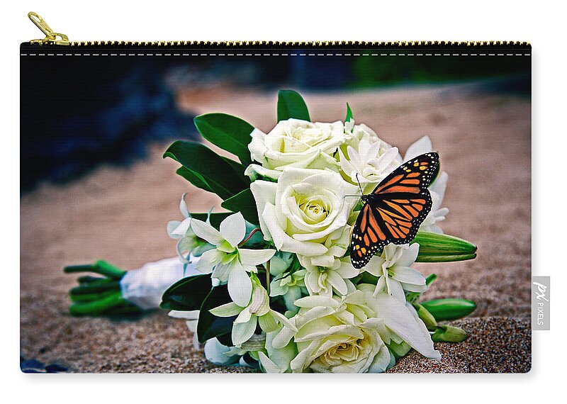 Butterfly Bouquet - A monarch butterfly sits on a wedding bouquet Zip Pouch  by Nature Photographer - Pixels
