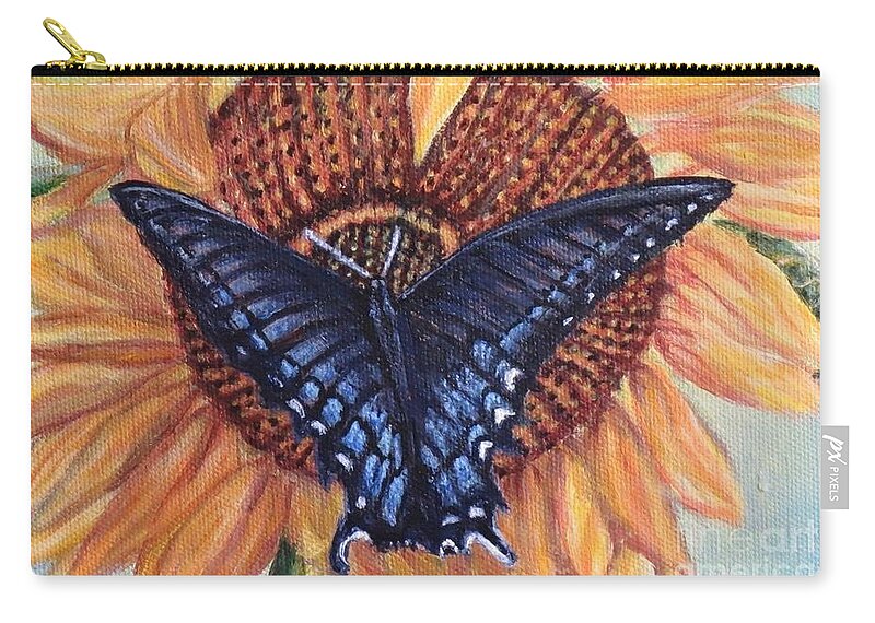 Nature Paintings Butterfly Paintings Sunflower Paintings Black And Blue Monarch Sucking Nectar From A Yellow Orange Sunflower Blue Background Zip Pouch featuring the painting Butterfly Sunday Up-close by Kimberlee Baxter