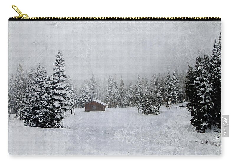 Snow Zip Pouch featuring the photograph Cabin in the Woods-textured by Marilyn Wilson