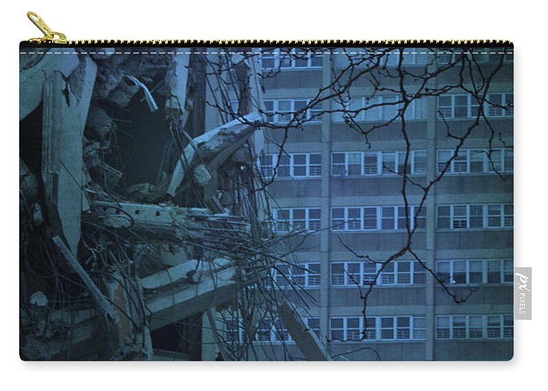 Chicago; Cabrini Green; Public Housing; Demolish; Demolished; Building; Apartments; Destroyed; Broken; Empty; Outside; Outdoors; Remains; Ruin; Urban; Abandoned; Annihilation; Blue; Deserted; Destruction; Devastation; Disaster; Exterior; Nobody; Ruined; Wreck; Tree; Dead; Death Zip Pouch featuring the photograph Cabrini Green Destroyed by Margie Hurwich
