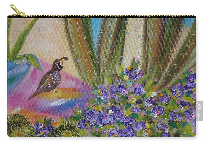 Southwestern Zip Pouch featuring the painting Cactus and Quail by Judith Rhue