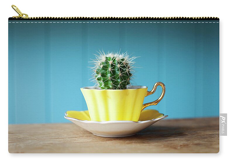 Risk Carry-all Pouch featuring the photograph Cactus Growing In Teacup On Desk by Ian Nolan
