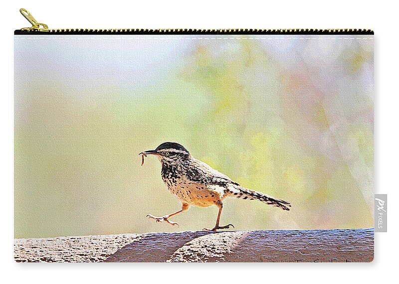 Cactus Wren With Worm Zip Pouch featuring the digital art Cactus Wren With Worm by Tom Janca