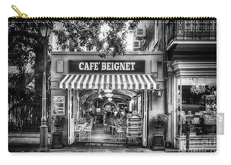 Nola Zip Pouch featuring the photograph Cafe Beignet Morning NOLA - BW by Kathleen K Parker