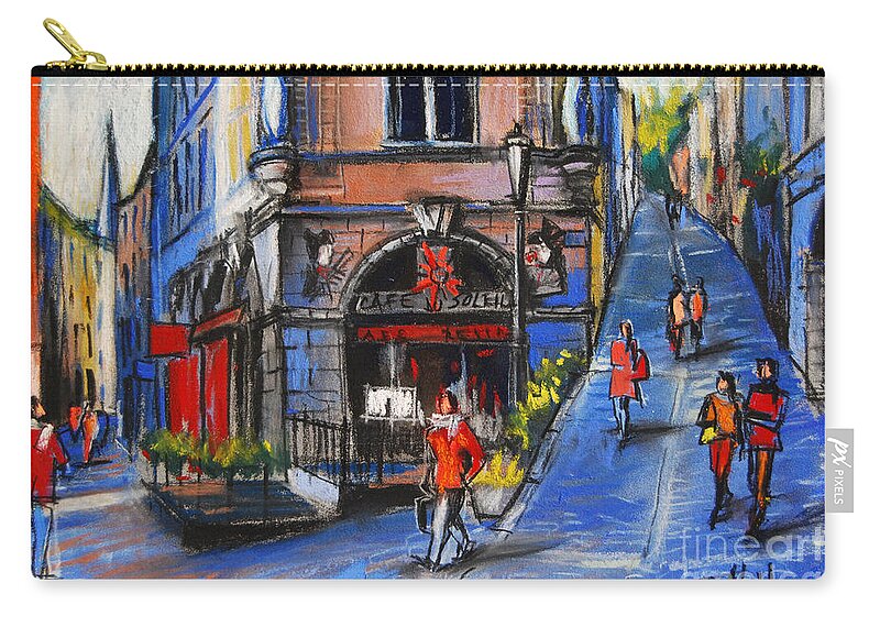 Cafe Du Soleil Zip Pouch featuring the pastel Cafe Du Soleil - Place De La Trinite - Lyon France by Mona Edulesco