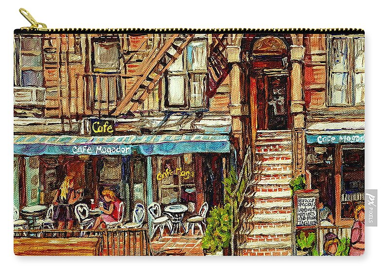 New York Zip Pouch featuring the painting Cafe Mogador Moroccan Mediterranean Cuisine New York Paintings East Village Storefronts Street Scene by Carole Spandau