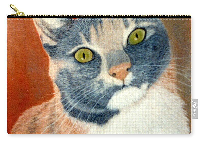 Karen Zuk Rosenblatt Art And Photography Zip Pouch featuring the painting Calico Cat by Karen Zuk Rosenblatt