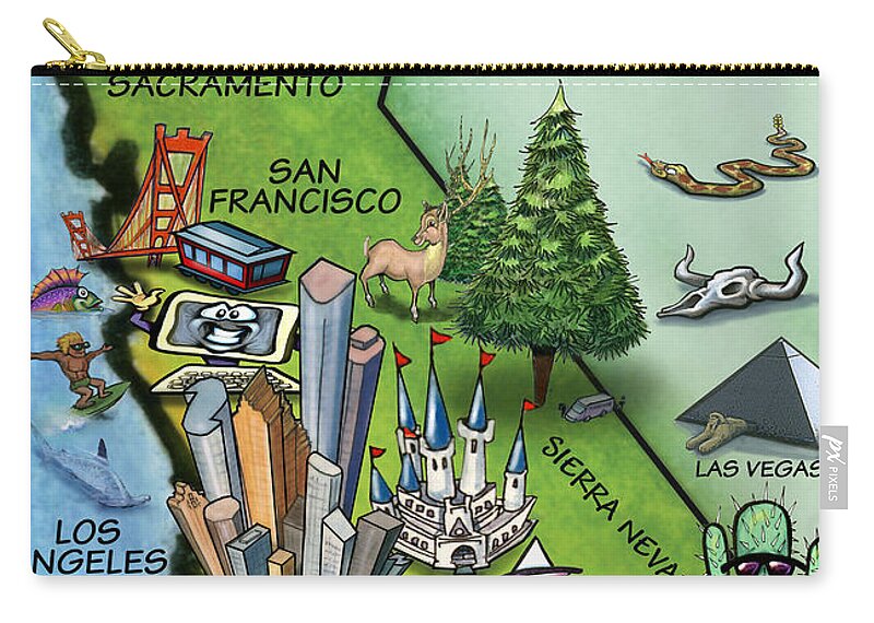 California Zip Pouch featuring the digital art California Cartoon Map by Kevin Middleton