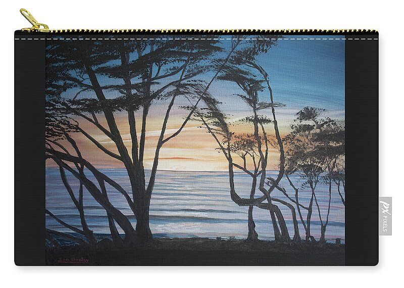 Blue Zip Pouch featuring the painting Cambria Cypress Trees at Sunset by Ian Donley