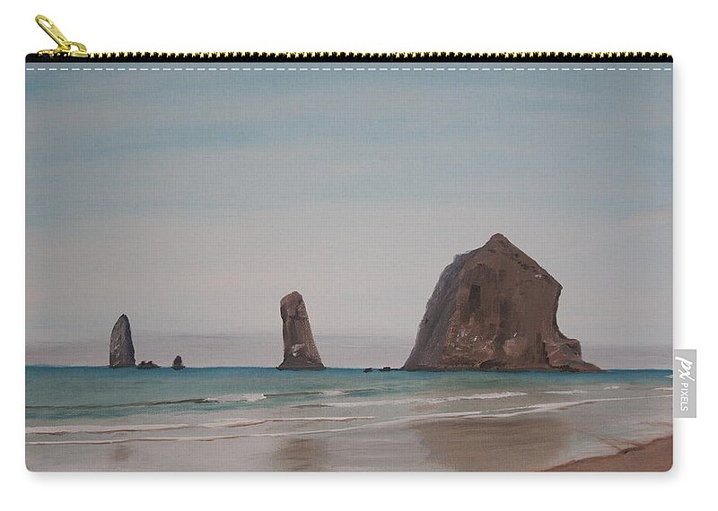  Surf Zip Pouch featuring the painting Cannon Beach Haystack Rock by Ian Donley