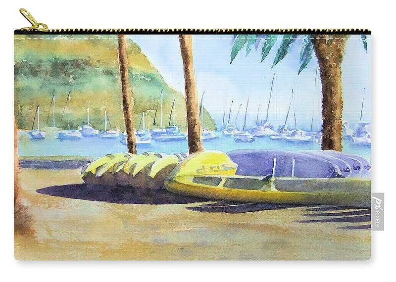 Canoes Zip Pouch featuring the painting Canoes and Surfboards in the Morning Light - Catalina by Debbie Lewis