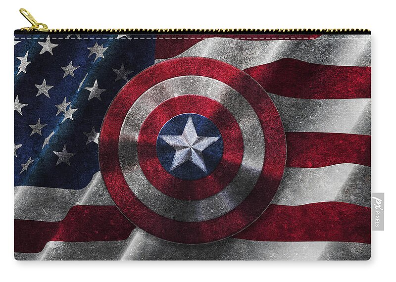 Captain America Shield Zip Pouch featuring the painting Captain America Shield on USA Flag by Georgeta Blanaru