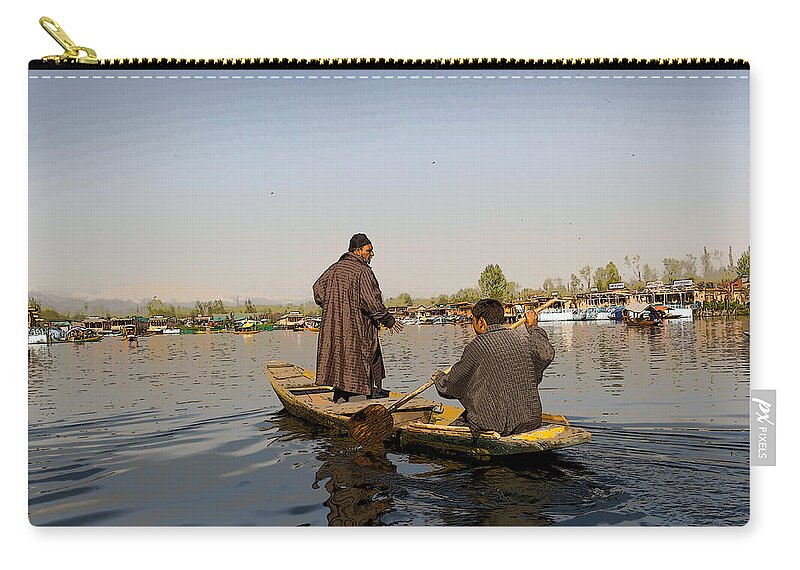 Beautiful Scene Zip Pouch featuring the digital art Cartoon - Kashmiri men plying a wooden boat in the Dal Lake in Srinagar by Ashish Agarwal