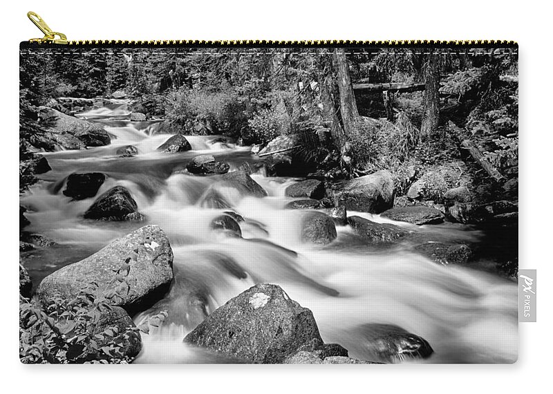 Mountain Stream Zip Pouch featuring the photograph Cascading Rocky Mountain Forest Creek BW by James BO Insogna