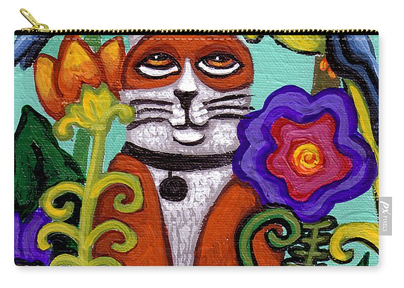 Cat Zip Pouch featuring the painting Cat and Four Birds by Genevieve Esson
