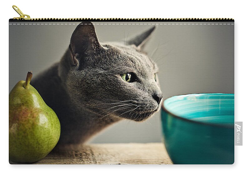 Cat Zip Pouch featuring the photograph Cat and Pears by Nailia Schwarz