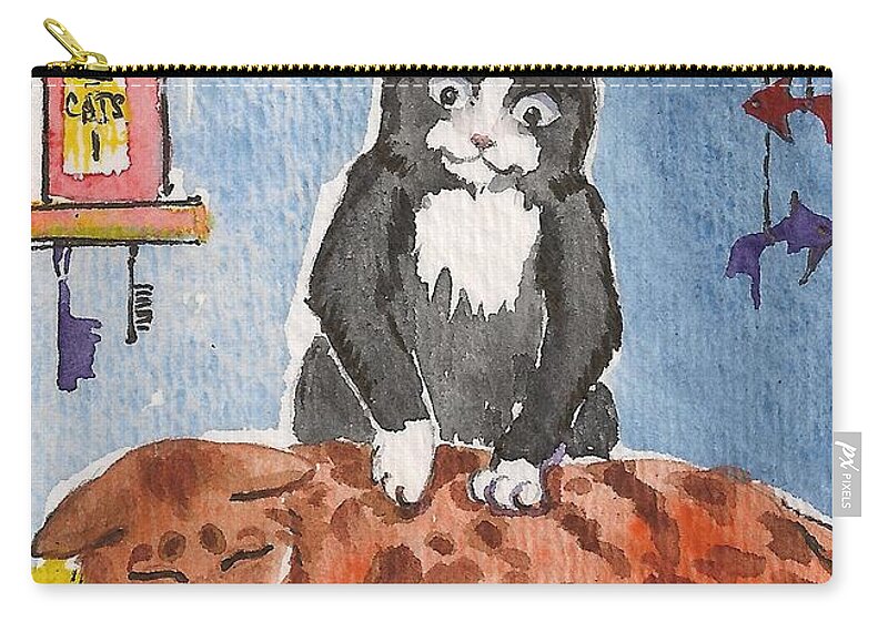 Print Zip Pouch featuring the painting Cat Massage by Margaryta Yermolayeva