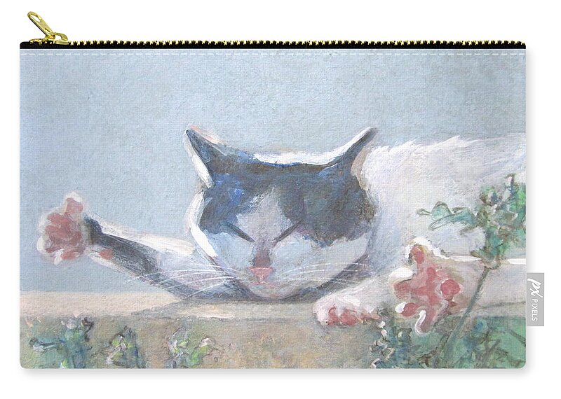 Cat With Geraniums Zip Pouch featuring the painting Cat with Geraniums by Kazumi Whitemoon