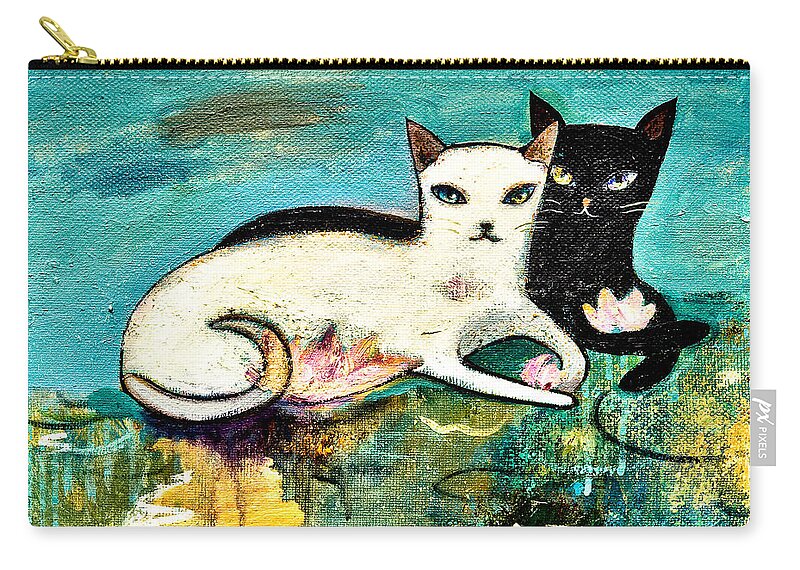 Black Cat Carry-all Pouch featuring the painting Cats with koi by Shijun Munns