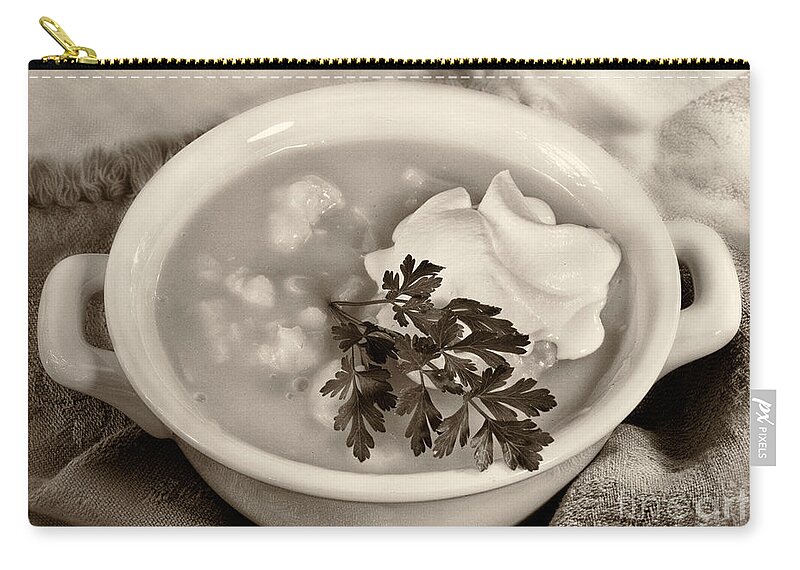 Iris Holzer Richardson Zip Pouch featuring the photograph Cauliflower Soup Sepia Tone by Iris Richardson