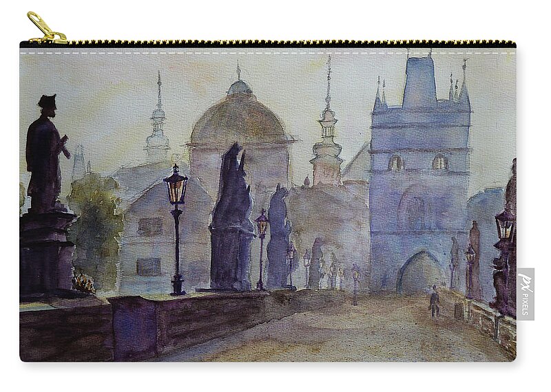 Dawn Zip Pouch featuring the painting Charles Bridge Prague by Xueling Zou