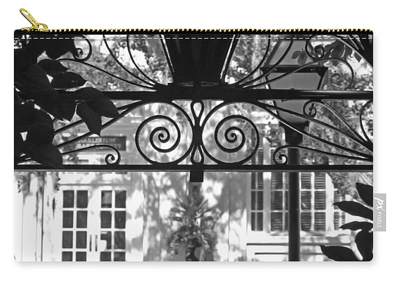 Lantern Zip Pouch featuring the photograph Charleston Gateway II in Black and White by Suzanne Gaff