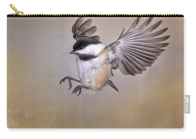 Chickadee In Flight Zip Pouch featuring the photograph Cheery Chickadee by Peg Runyan