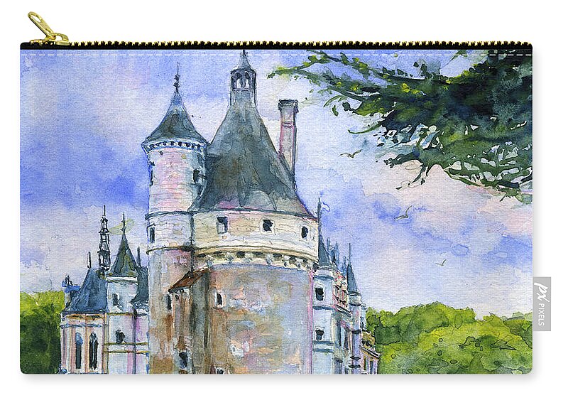 Chenonceau Zip Pouch featuring the painting Chenonceau Castle France by John D Benson